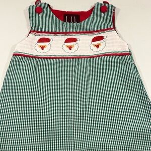 Vintage Baby Christmas Smocked Santa Romper 6-12M Green Gingham Holiday Outfit